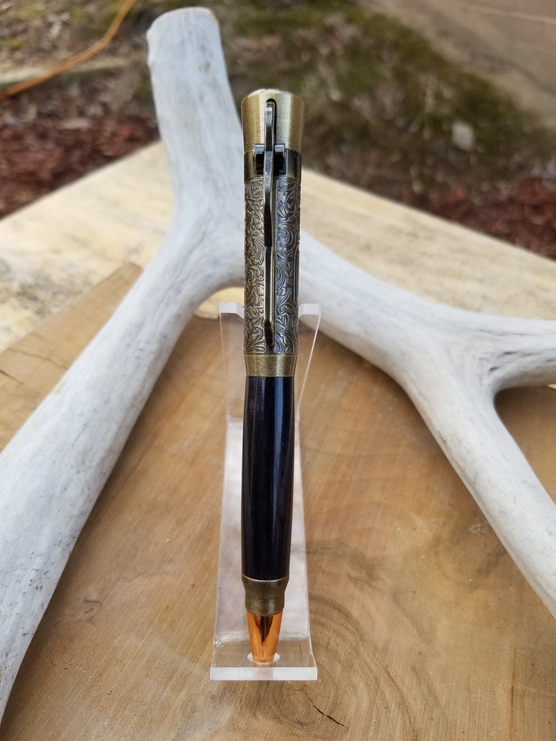 Antique Brass Lever Action pen made from dyed Spectraply