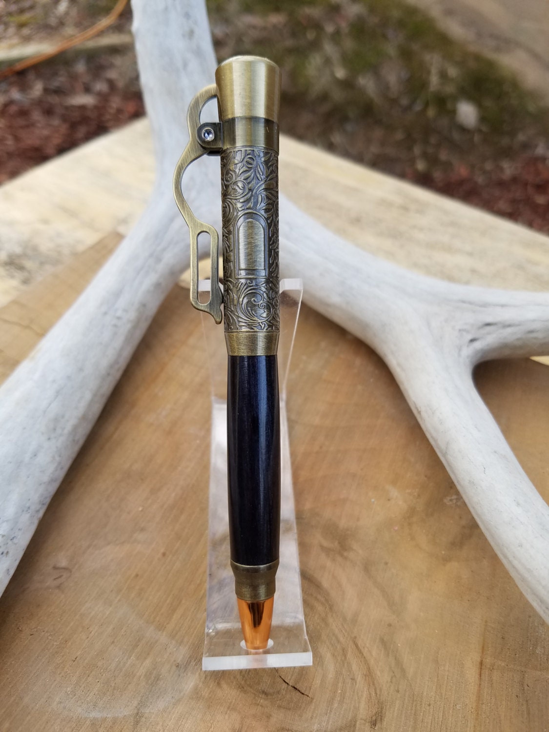 Antique Brass Lever Action pen made from dyed Spectraply