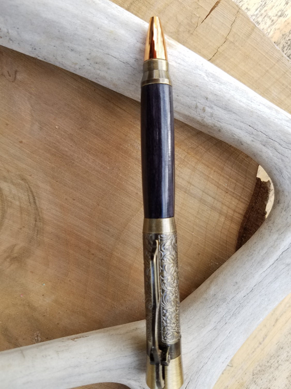 Antique Brass Lever Action pen made from dyed Spectraply