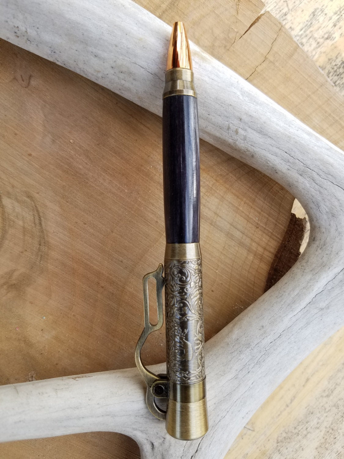 Antique Brass Lever Action pen made from dyed Spectraply