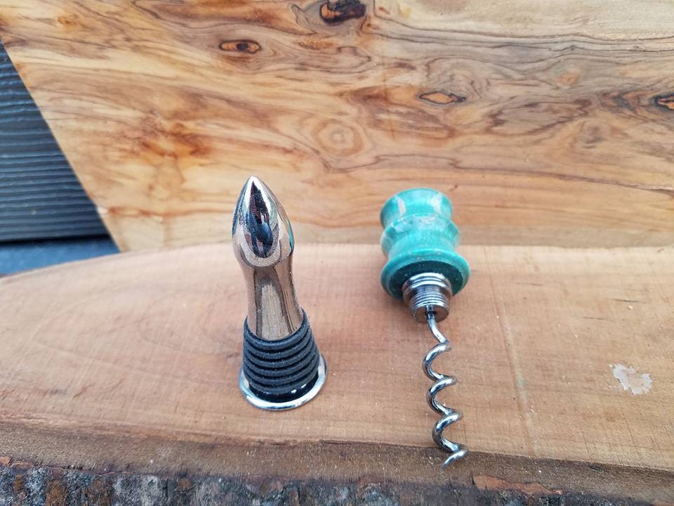 Corkscrew bottle stopper made from dyed curly maple