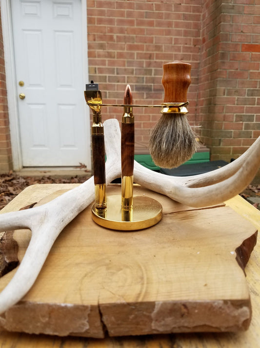 Dye Burl Mach 3 Magnum shaving set with stand and Badger hair brush