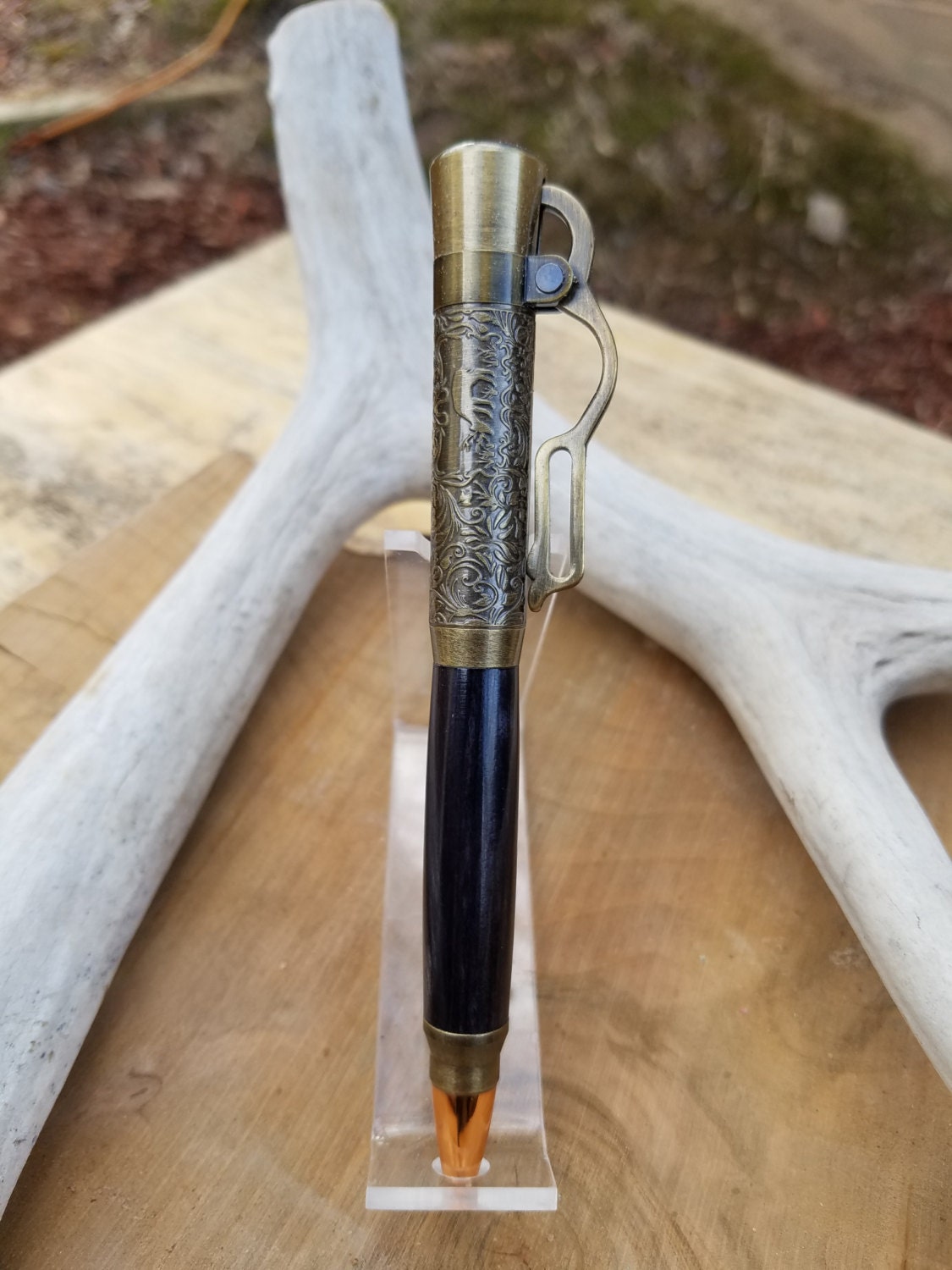 Antique Brass Lever Action pen made from dyed Spectraply