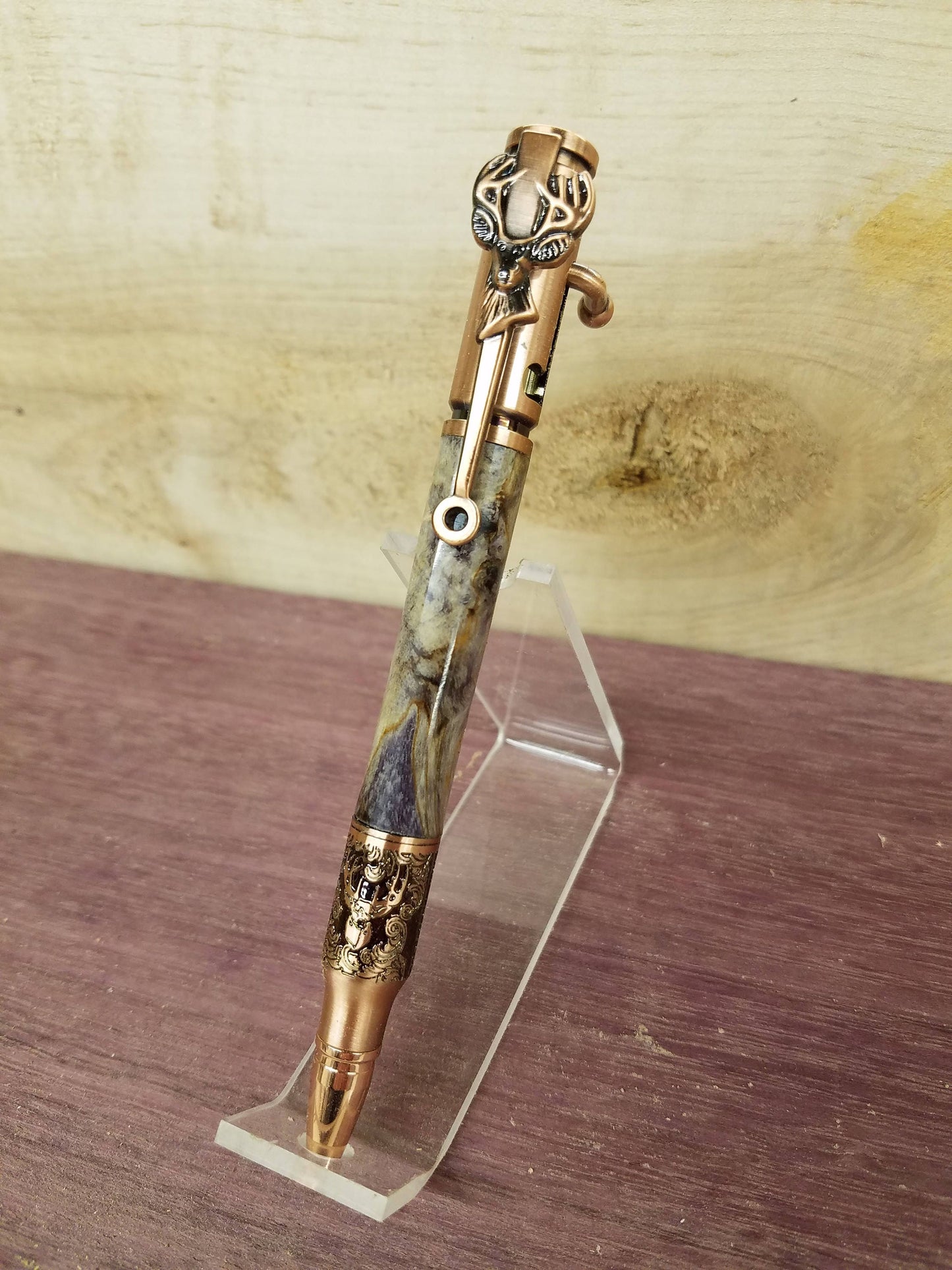 Deer hunter 30 caliber blot action rifle pen made with one of a kind burl