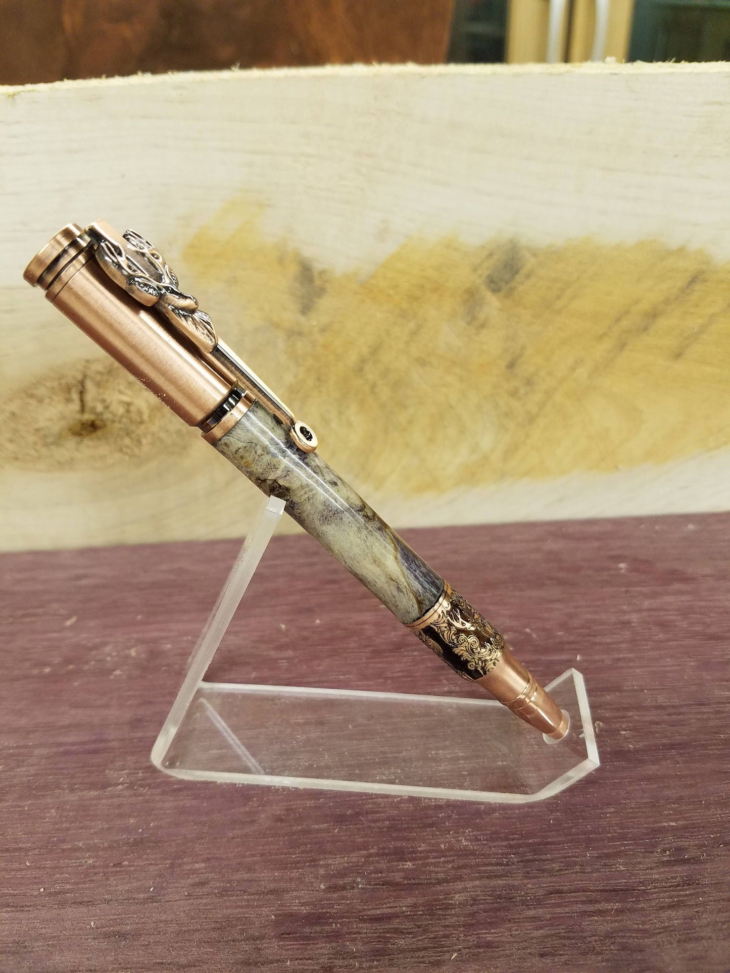 Deer hunter 30 caliber blot action rifle pen made with one of a kind burl