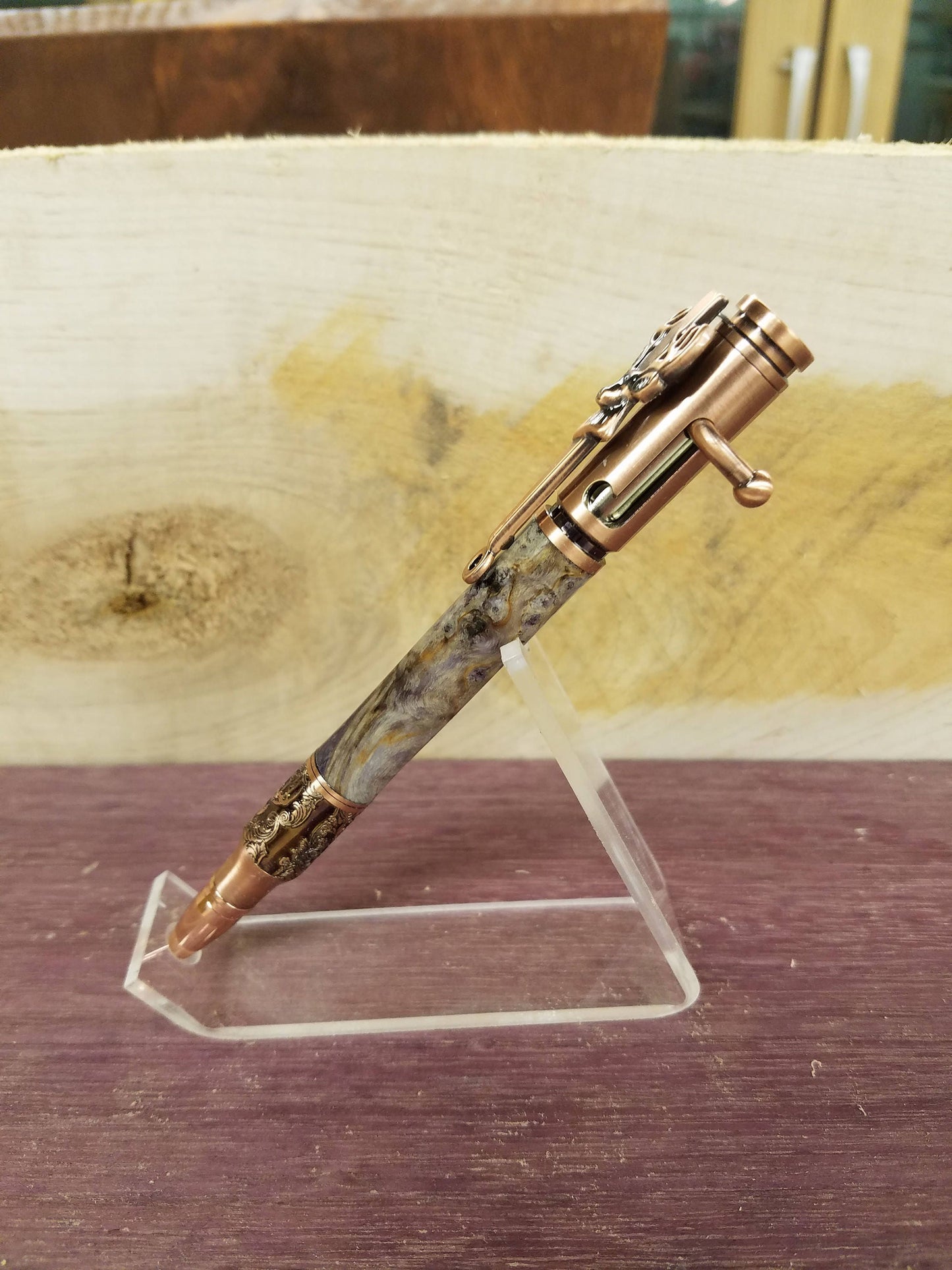 Deer hunter 30 caliber blot action rifle pen made with one of a kind burl