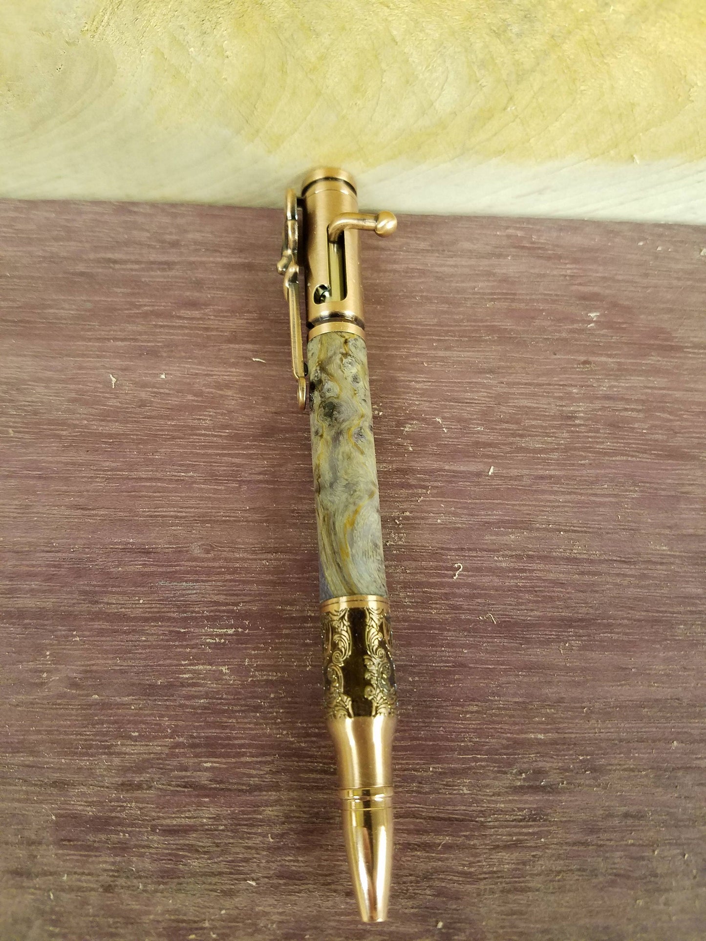 Deer hunter 30 caliber blot action rifle pen made with one of a kind burl