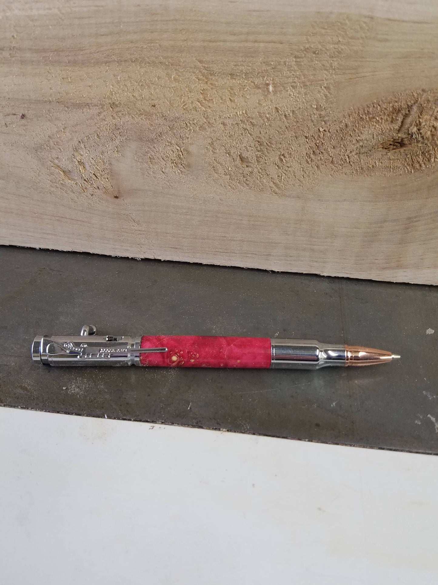 Chrome Bolt Action Pencil made from dyed stabilized box elder burl