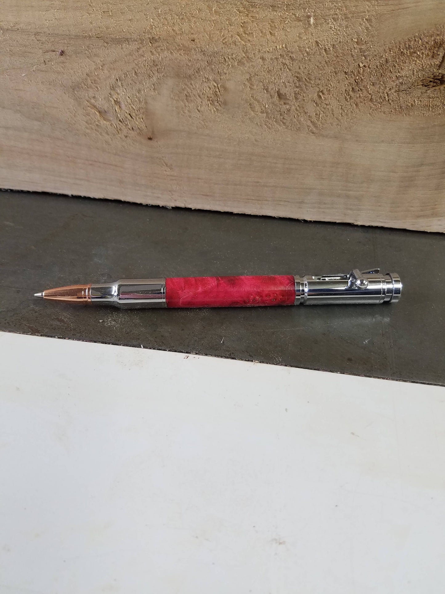 Chrome Bolt Action Pencil made from dyed stabilized box elder burl