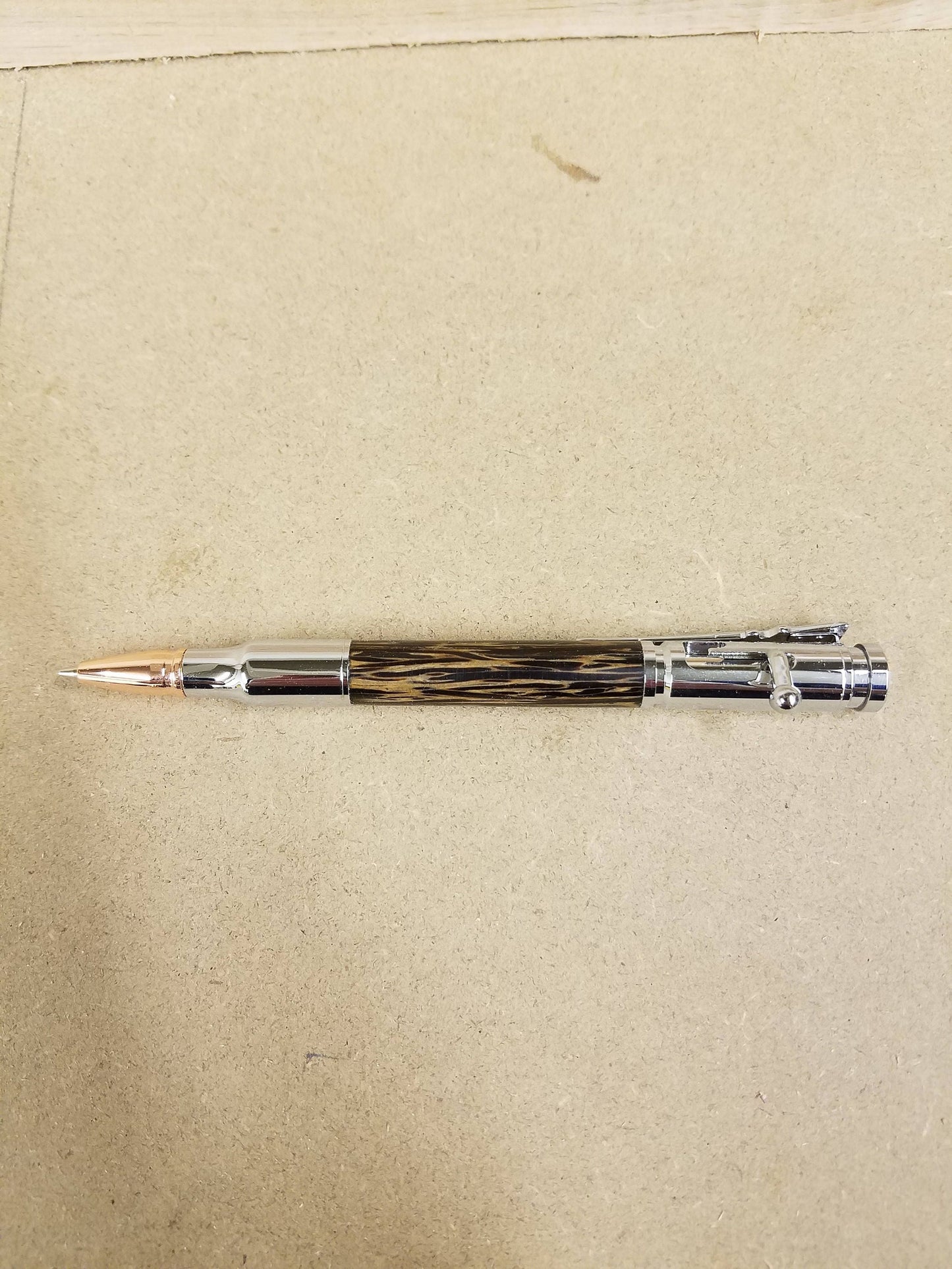 Chrome Bolt Action Pencil made from Tiger Wood