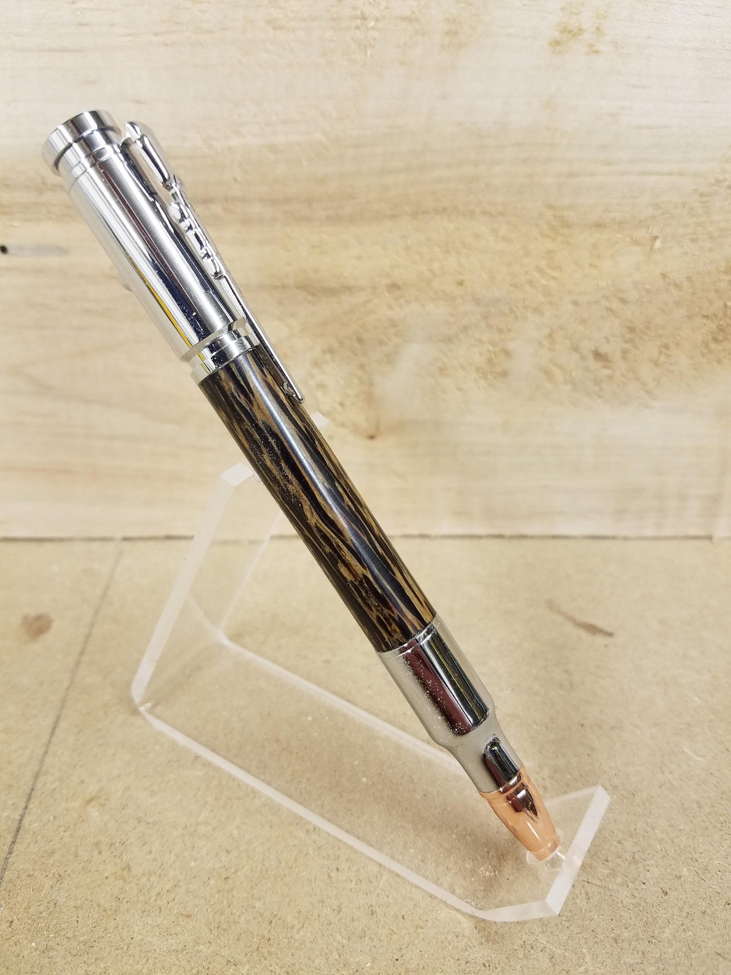 Chrome Bolt Action Pencil made from Tiger Wood