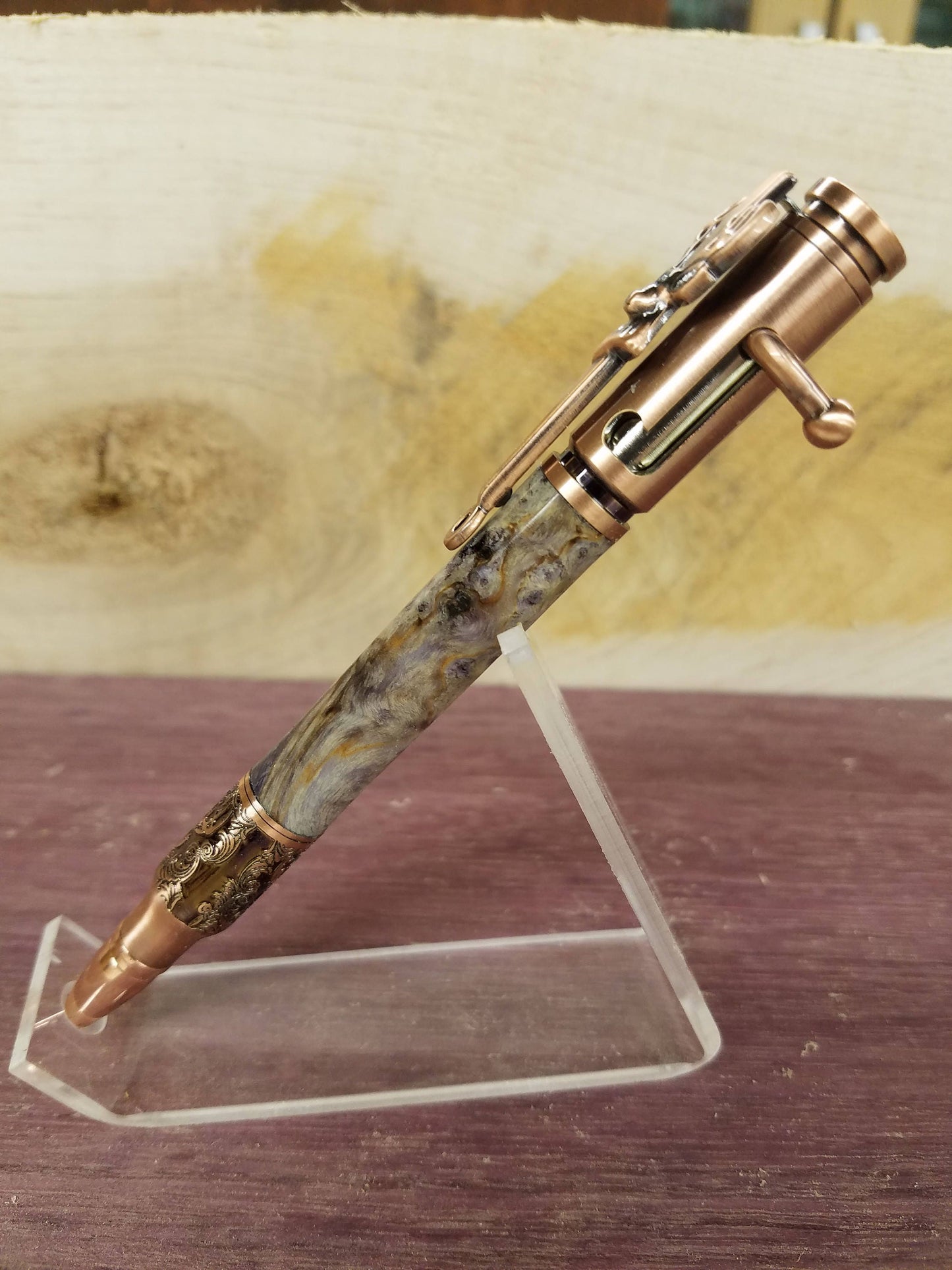 Deer hunter 30 caliber blot action rifle pen made with one of a kind burl