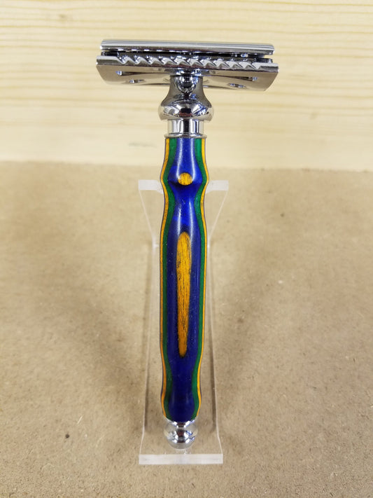 Double edged safety razor made from multi-colored spectraply wood