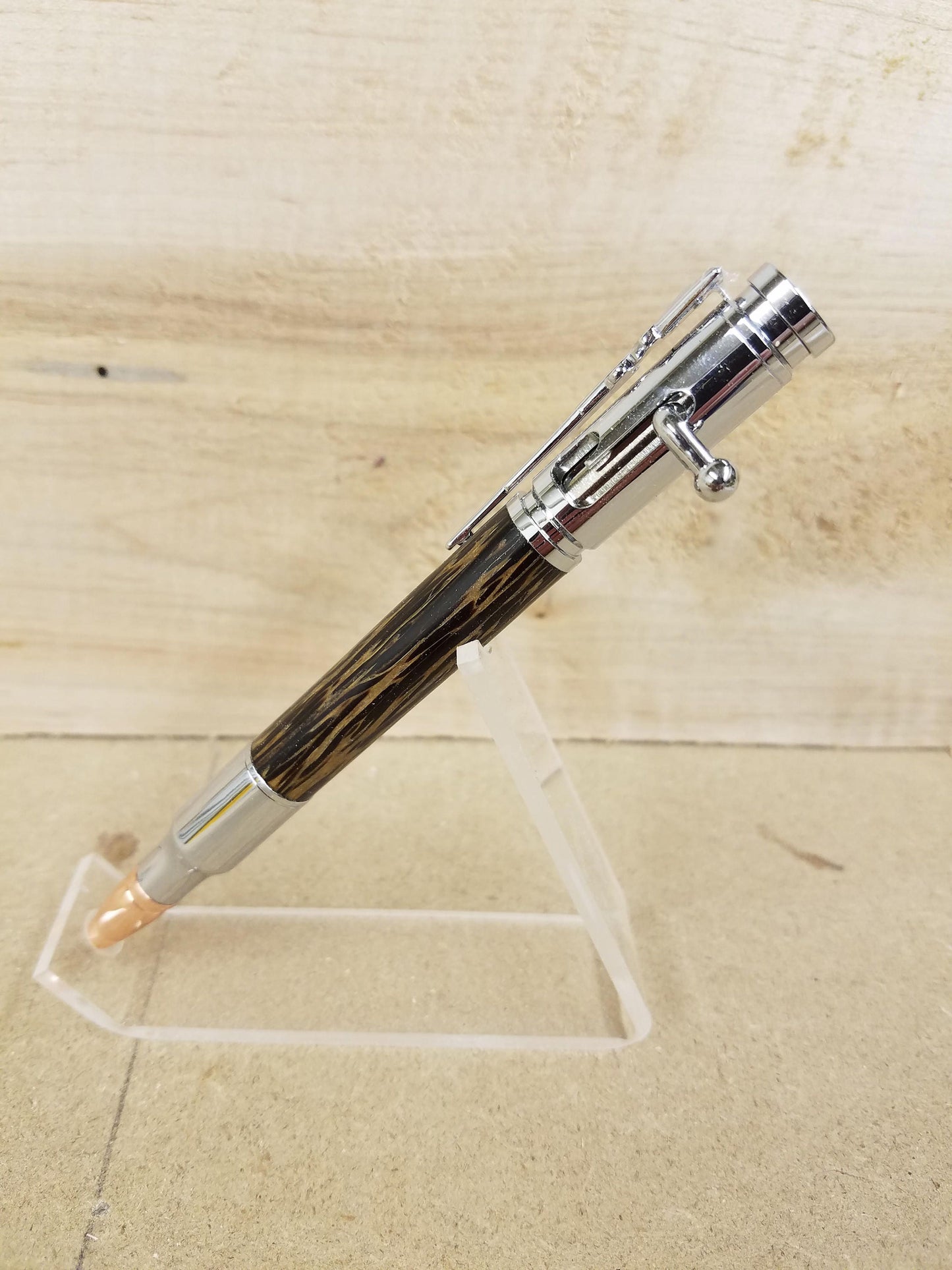 Chrome Bolt Action Pencil made from Tiger Wood