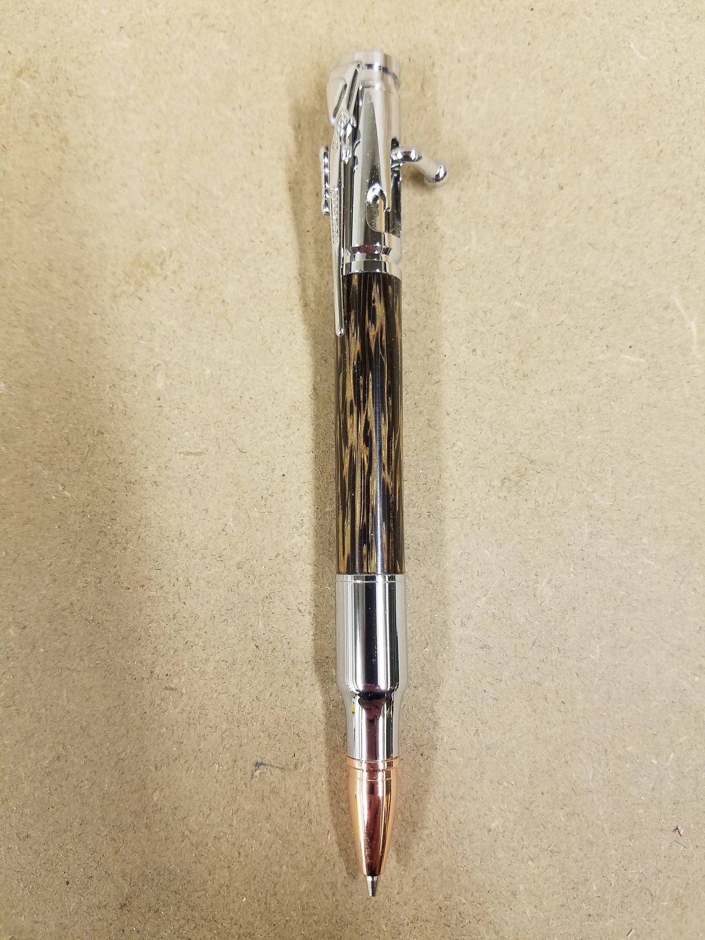 Chrome Bolt Action Pencil made from Tiger Wood