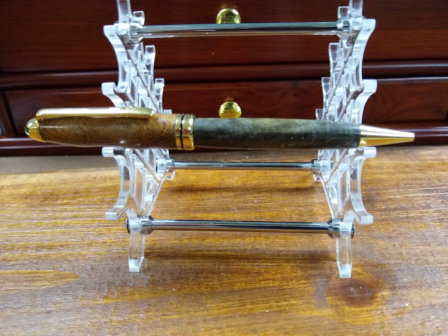 Mont Blanc style Euro twist pen made from dyed green box elder burl and dyed redwood burl