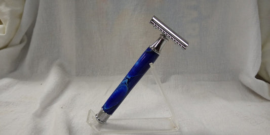 Knurled double edge safety razor made from unique blue acrylic