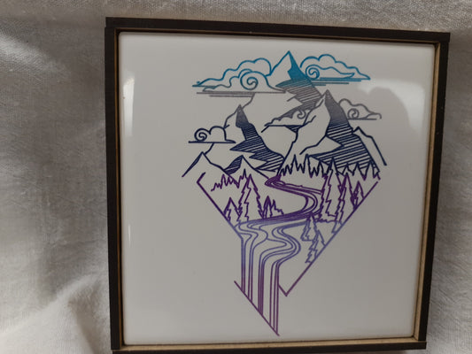 Laser etched wall art tile "Mountain, sky and stream"