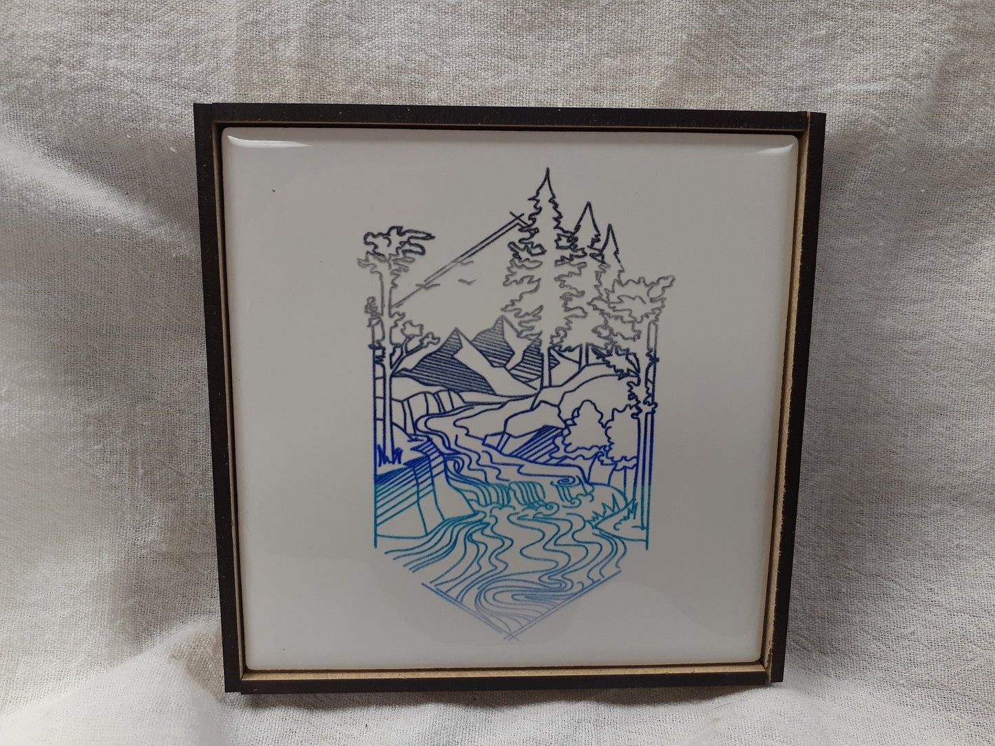 Laser etched wall art tile "Mountain, forest, bubbling brook"