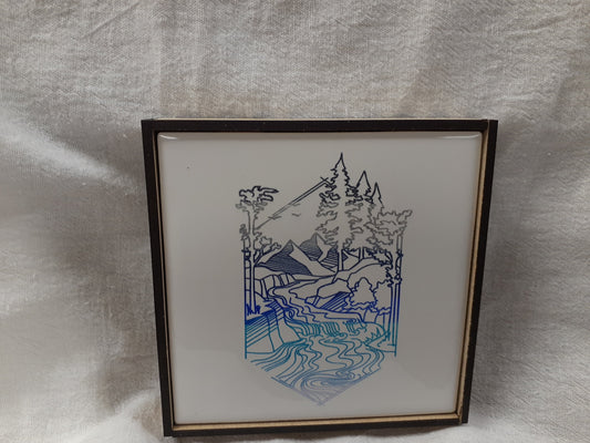 Laser etched wall art tile "Mountain, forest, bubbling brook"