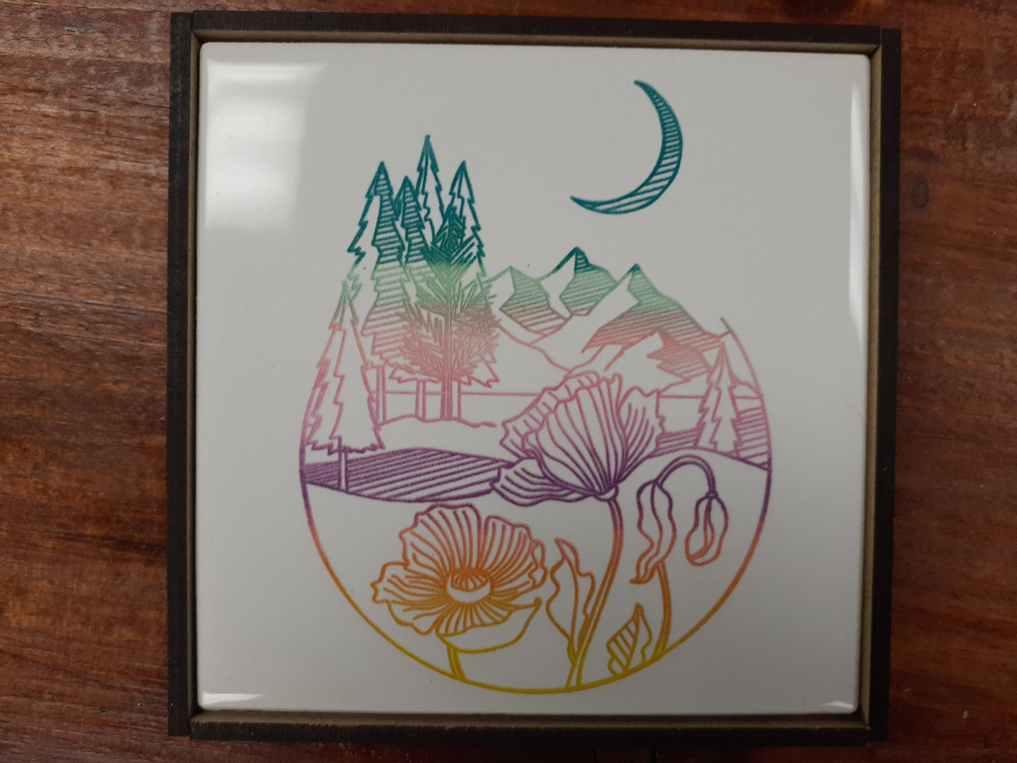 Laser etched wall art tile "Flowers under a crescent moon"