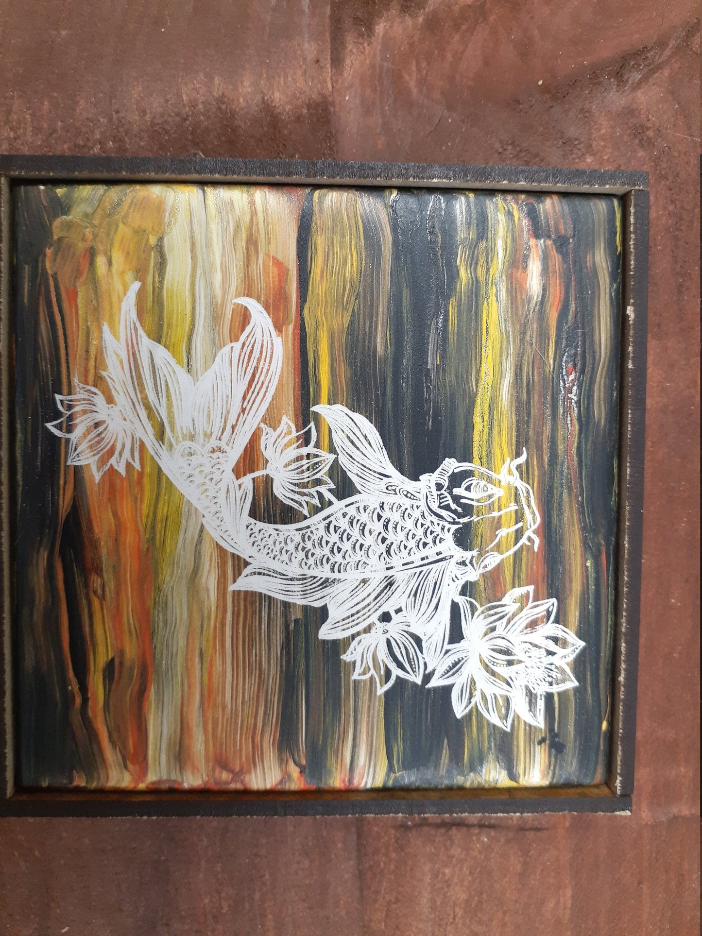 Laser etched wall art tile "Carp in Color"