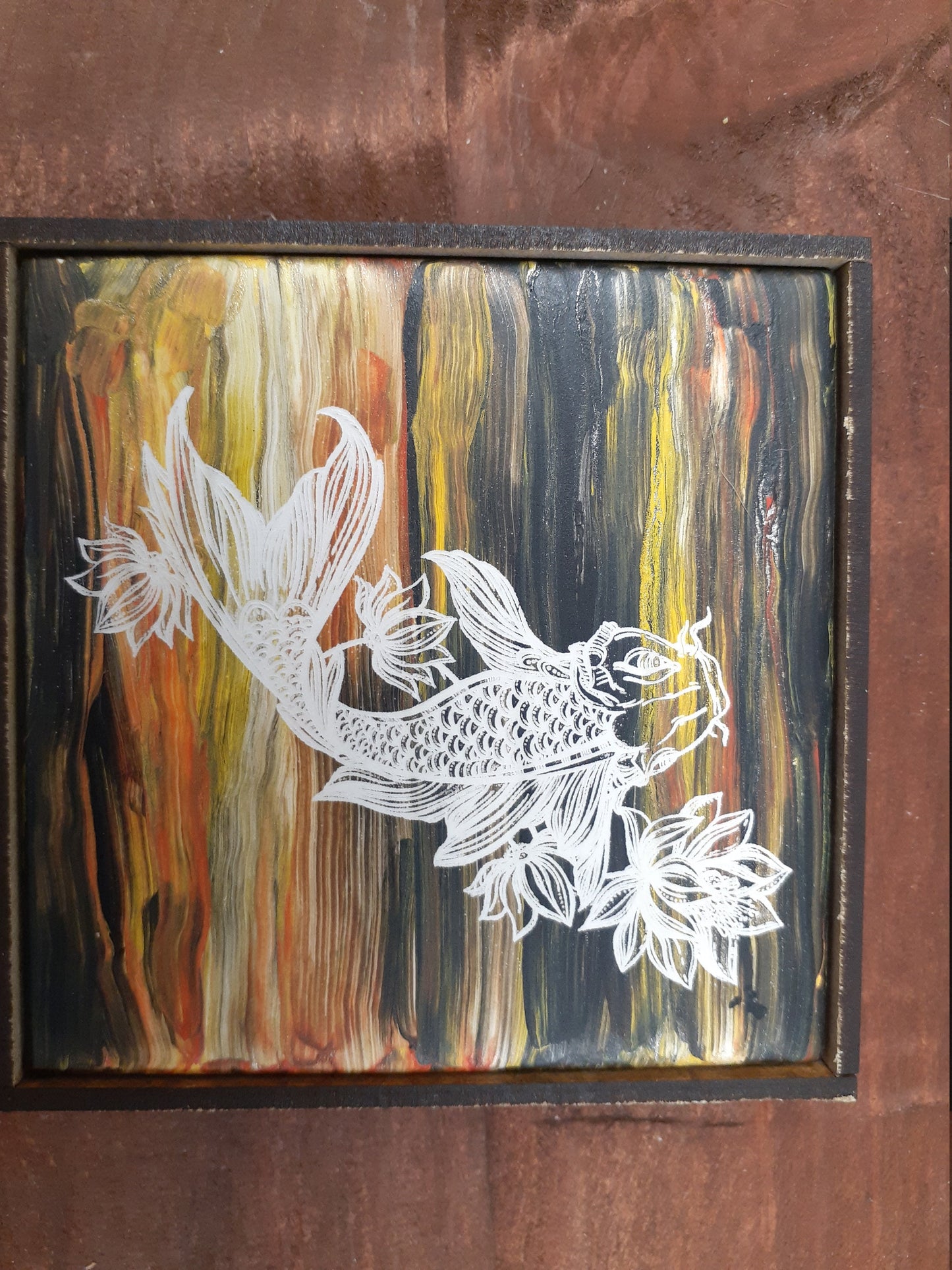 Laser etched wall art tile "Carp in Color"