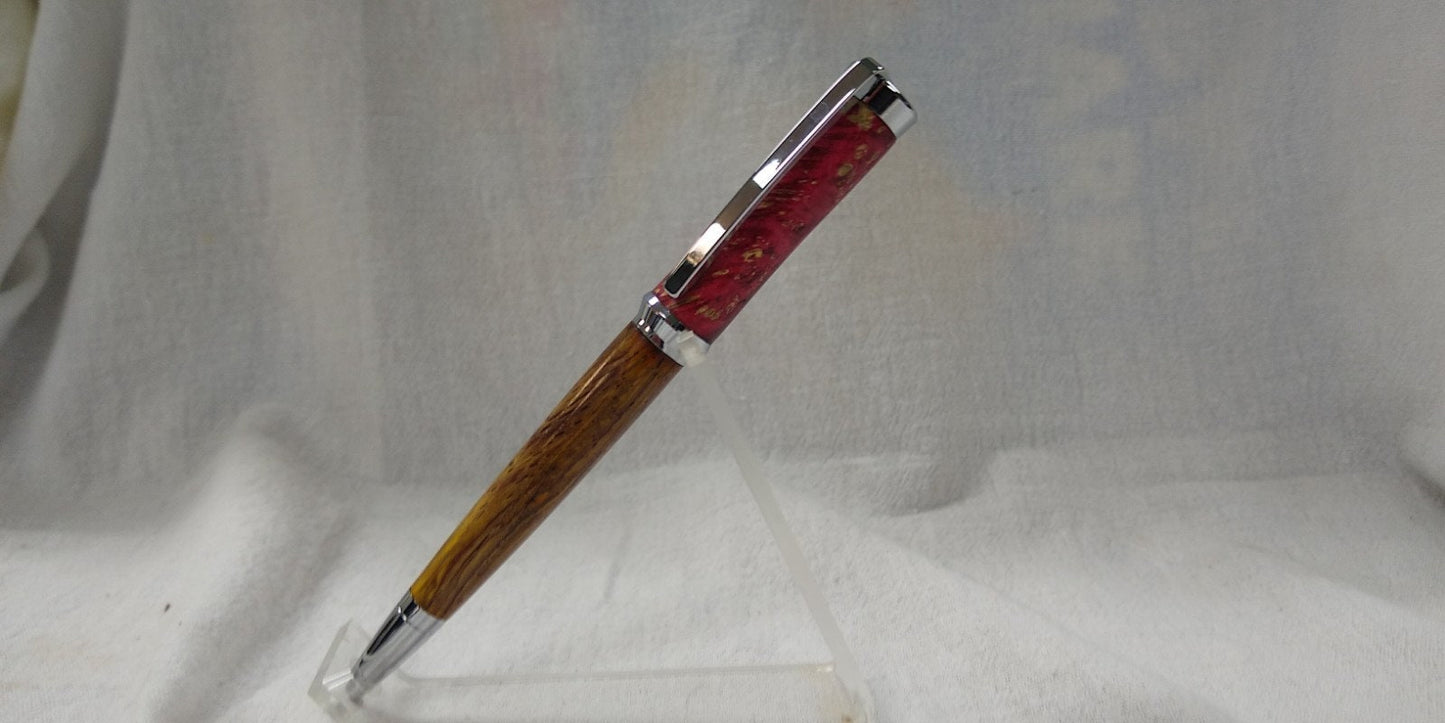 Concava twist pen made from cocobolo and dyed maple burl