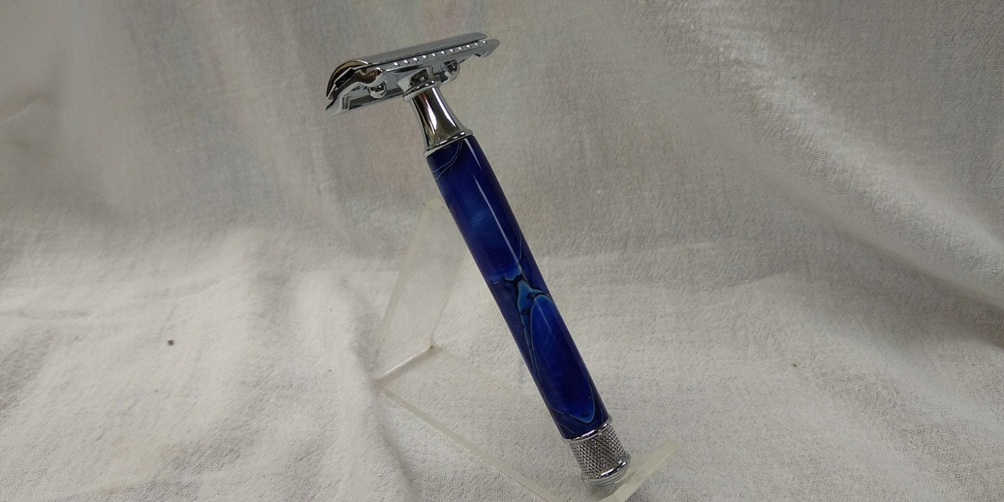 Knurled double edge safety razor made from unique blue acrylic