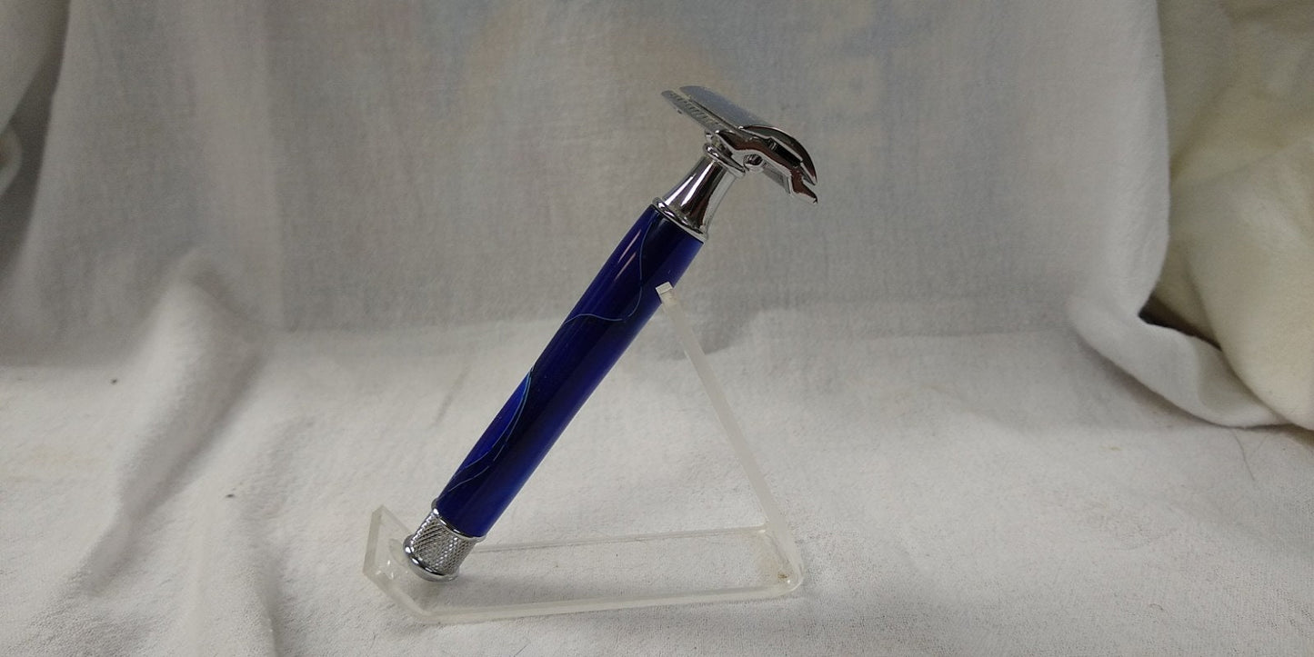 Knurled double edge safety razor made from unique blue acrylic