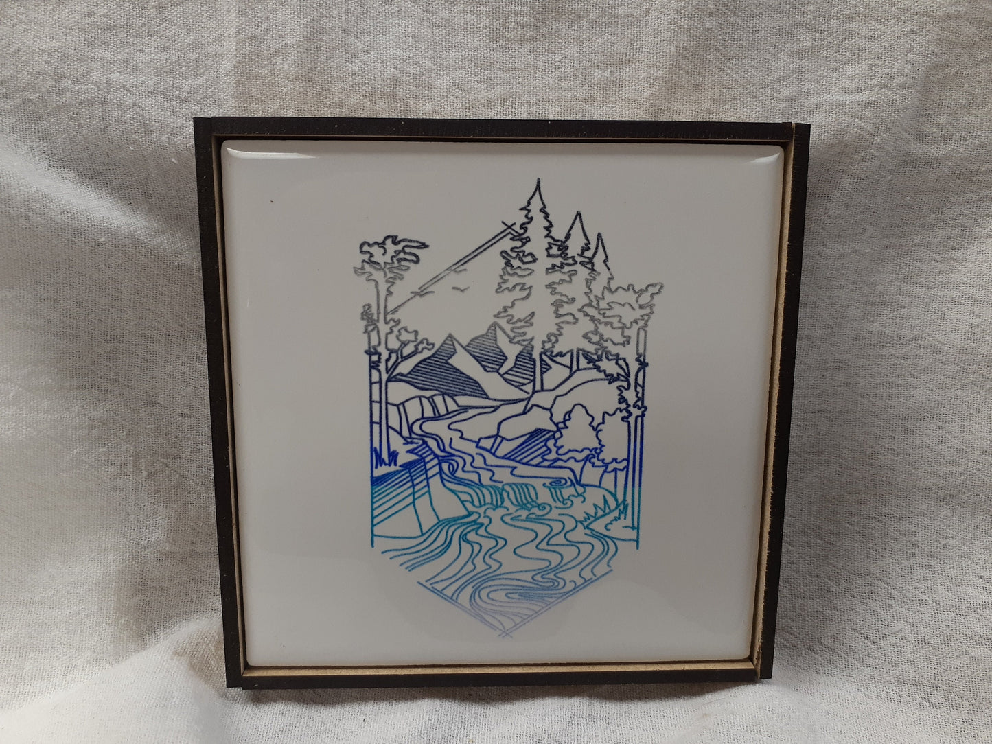 Laser etched wall art tile "Mountain, forest, bubbling brook"