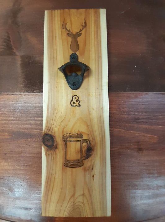 Bucks and Brews sign with bottle opener on Cedar Board