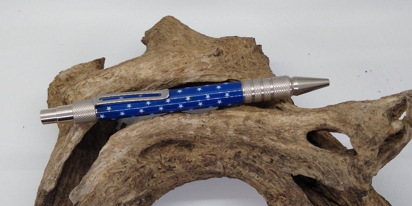 Stainless Steel Every Day Carry Pen made from Patriotic Stars on a blue field acrylic