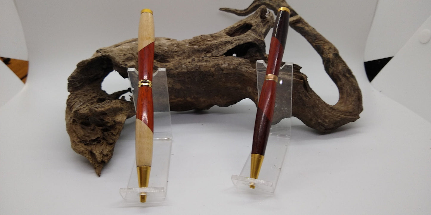 Slimline twist pen set made from scalloped Maple, Padauk and Blackwood