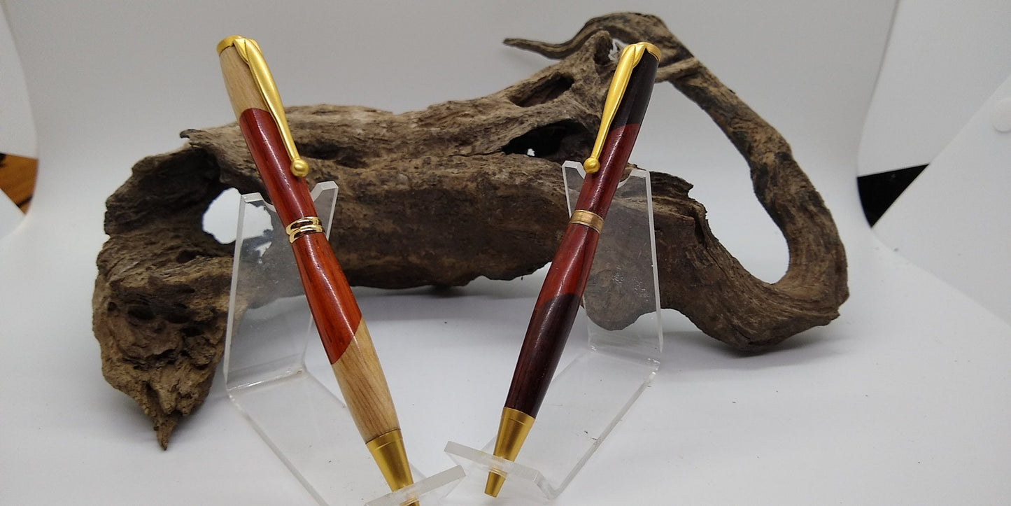 Slimline twist pen set made from scalloped Maple, Padauk and Blackwood