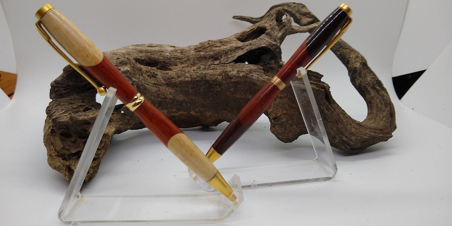 Slimline twist pen set made from scalloped Maple, Padauk and Blackwood