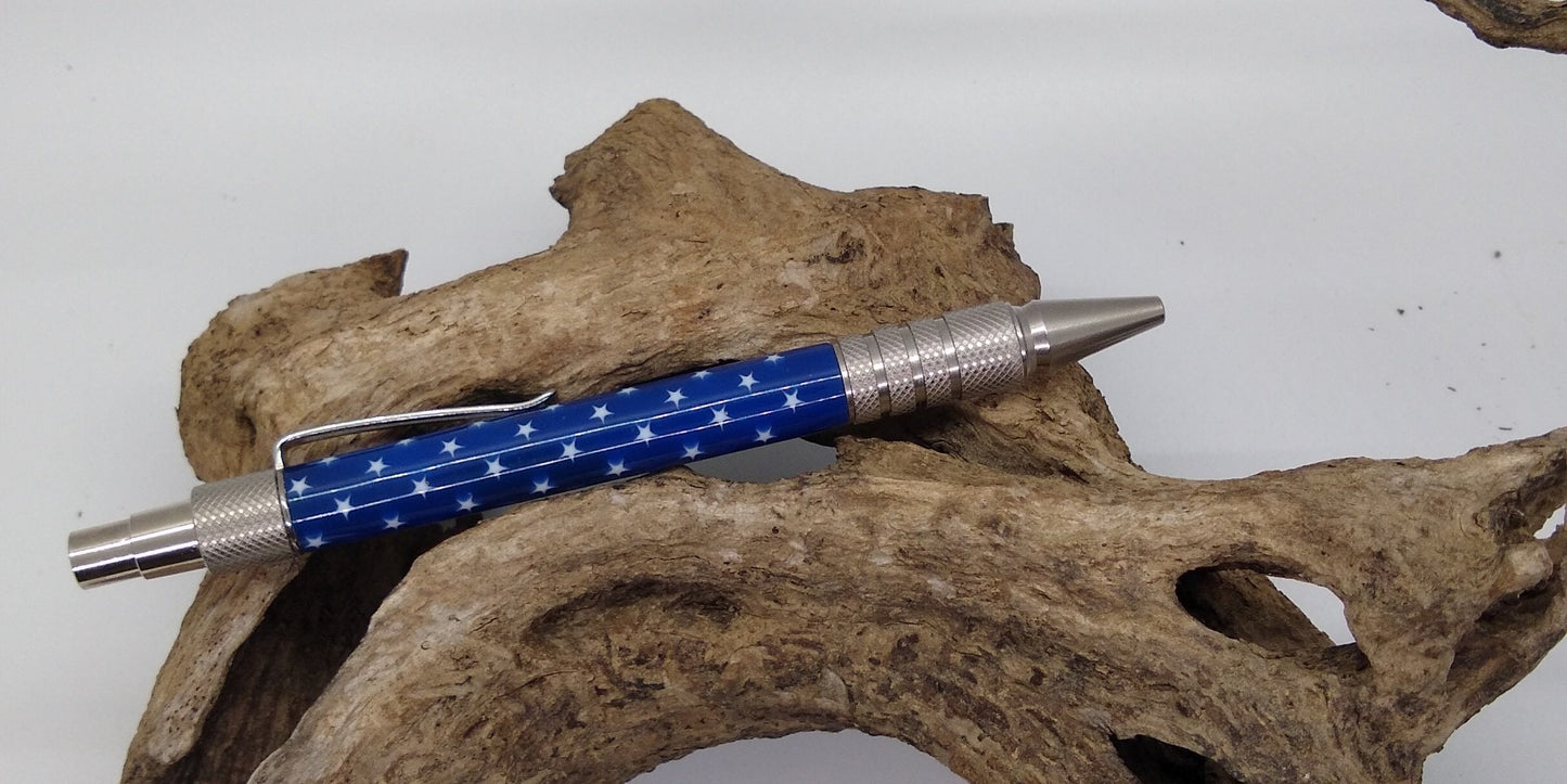 Stainless Steel Every Day Carry Pen made from Patriotic Stars on a blue field acrylic