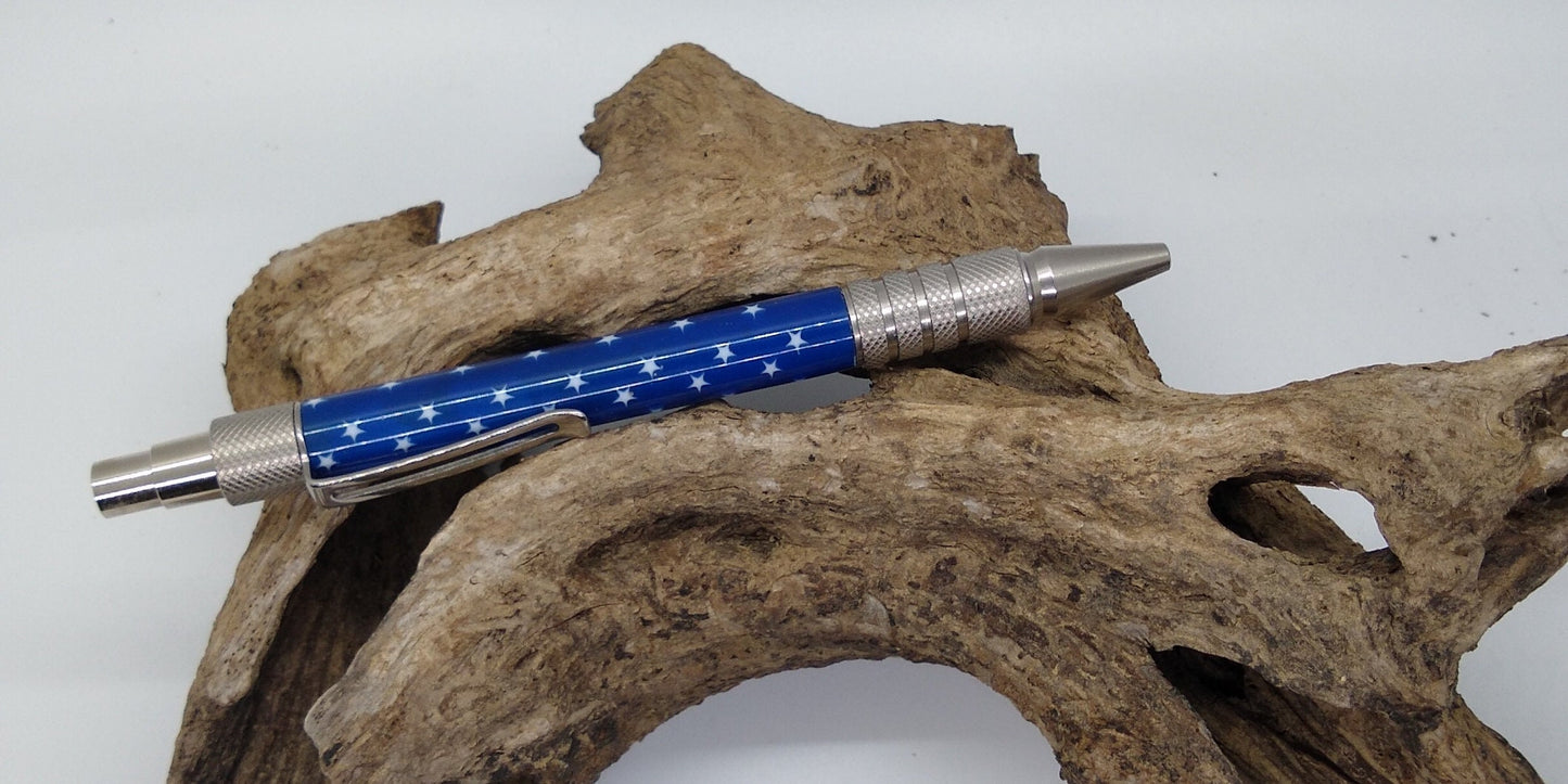 Stainless Steel Every Day Carry Pen made from Patriotic Stars on a blue field acrylic