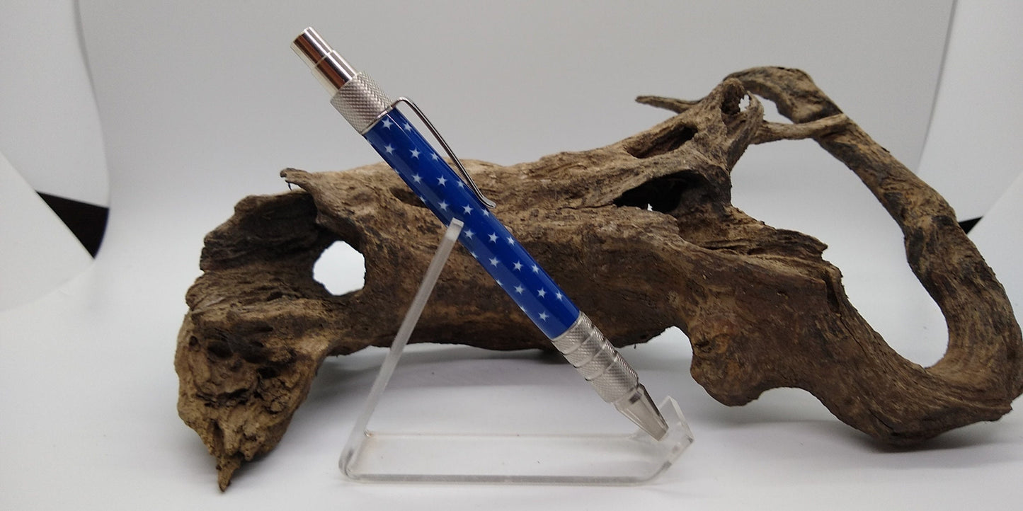 Stainless Steel Every Day Carry Pen made from Patriotic Stars on a blue field acrylic