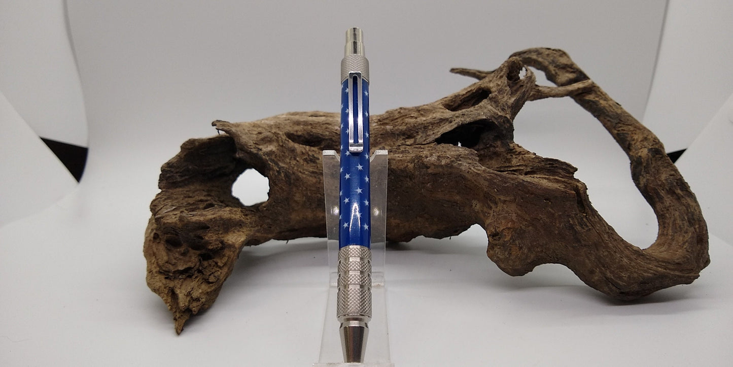 Stainless Steel Every Day Carry Pen made from Patriotic Stars on a blue field acrylic