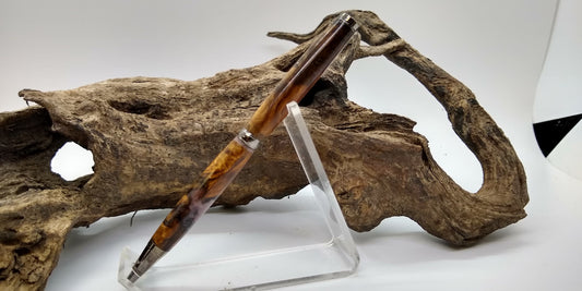 Chrome titanium Slimline pen made from eucalyptus burl and allumilite resin