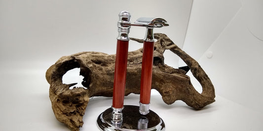 Double Edge Safety razor set with stand, and razor made from Bloodwood