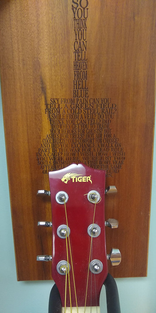 Custom guitar wall hanger on Curapay wood laser inscribed Pink Floyd's "Wish you were Here" lyrics