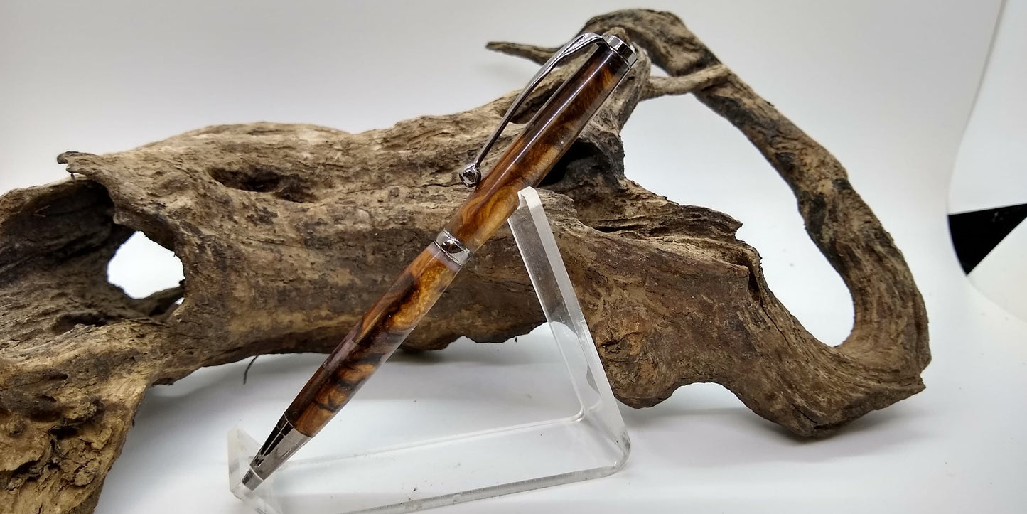 Chrome titanium Slimline pen made from eucalyptus burl and allumilite resin