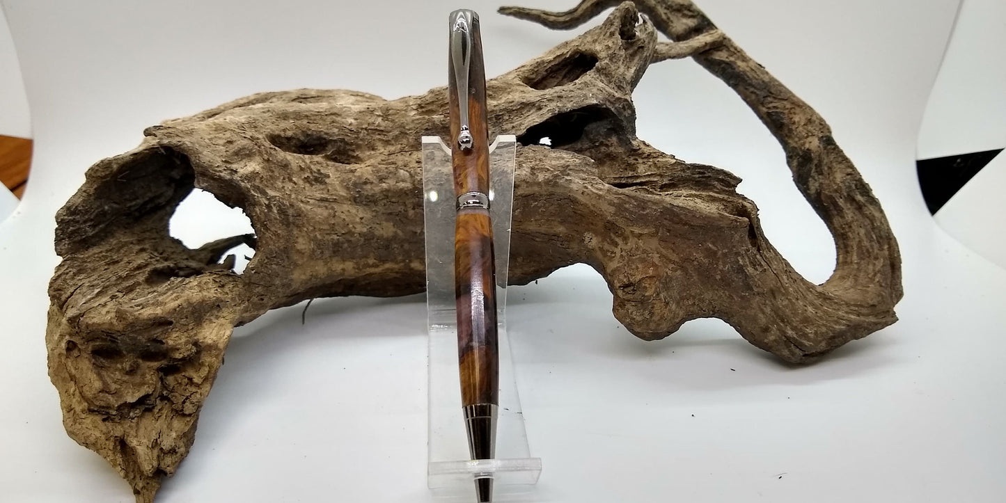 Chrome titanium Slimline pen made from eucalyptus burl and allumilite resin