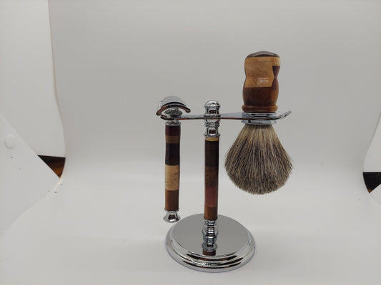 Double edged safety razor set with razor, stand and badger hair brush made from a mix of 11 types of wood