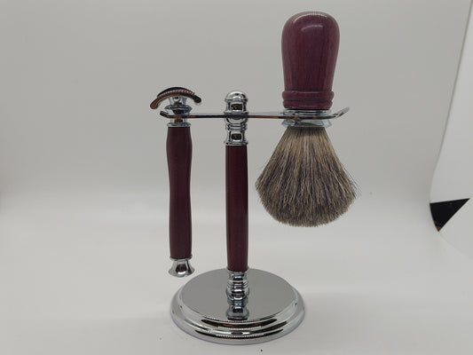 Double edged safety razor set with razor, stand and badger hair brush made from PurpleHeart Wood