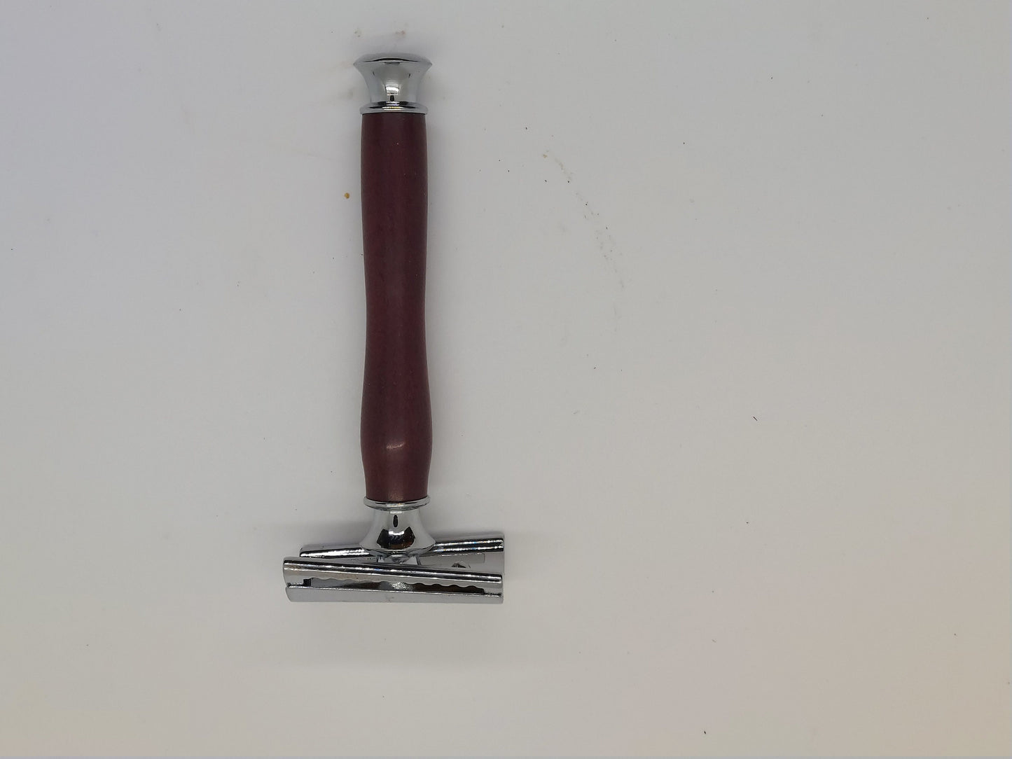 Double edged safety razor set with razor, stand and badger hair brush made from PurpleHeart Wood