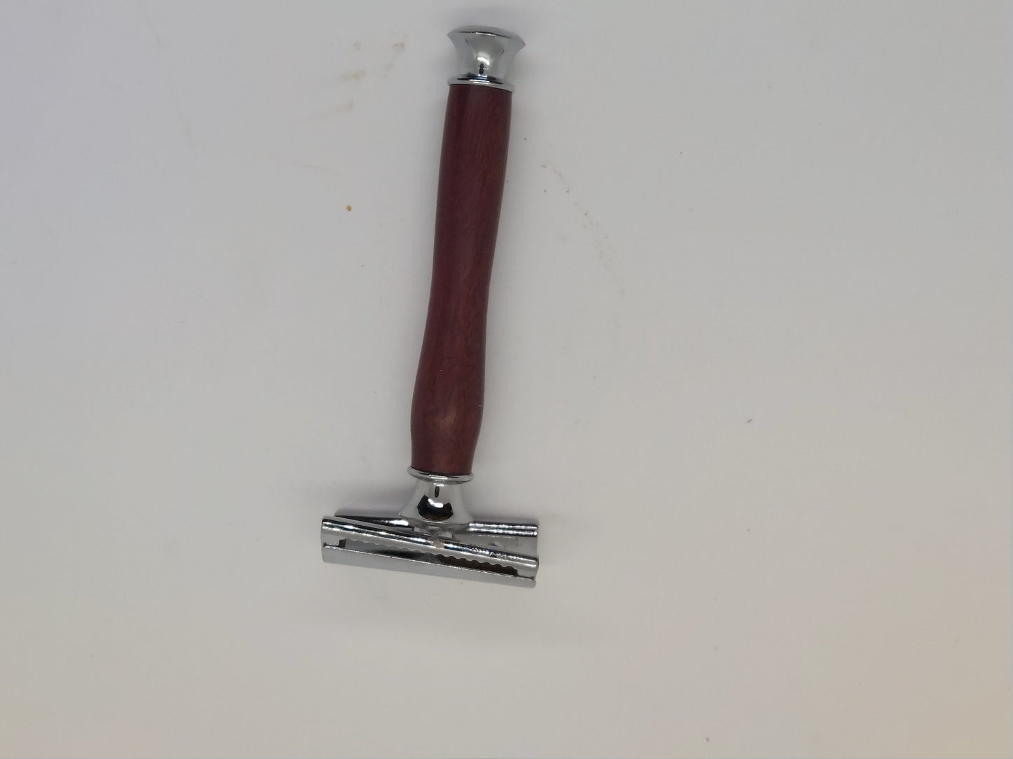 Double edged safety razor set with razor, stand and badger hair brush made from PurpleHeart Wood