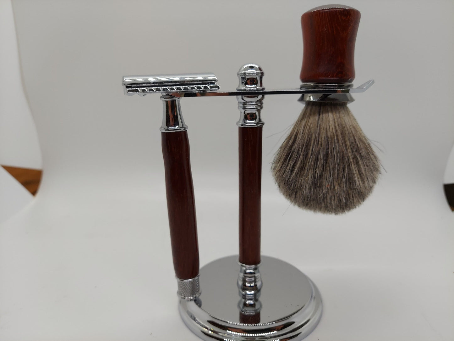 Double Edge Safety razor set with stand, brush, and razor made from Bloodwood